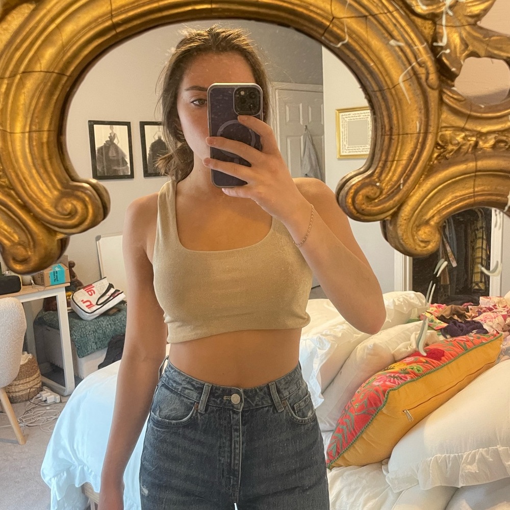 Cotton Candy LA, shimmery gold twist cropped top